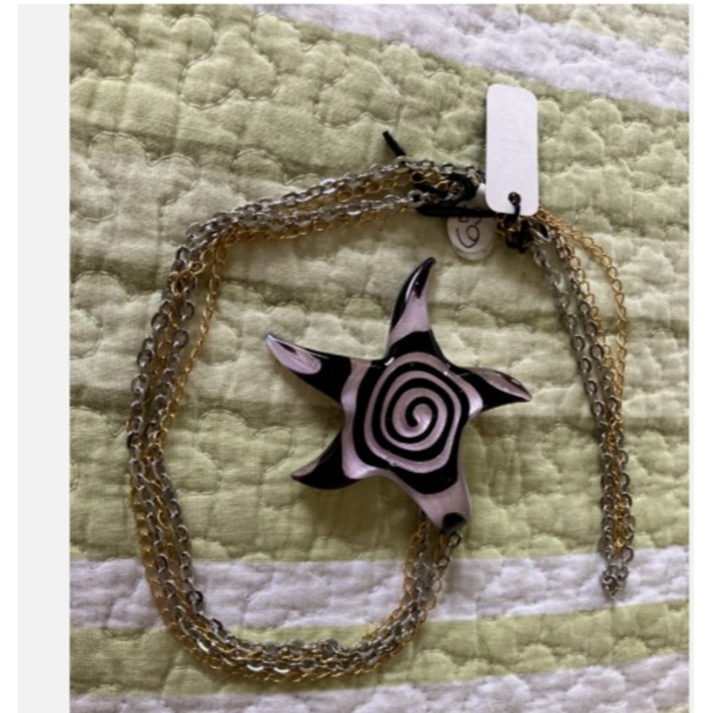 Black & Lilac Pink White Glass Starfish Pendant 15" Necklace Gold Silver Chain